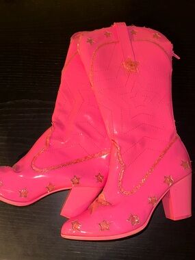 Women's Hot Pink Glitter Star Embellished Patent Cowboy Boots